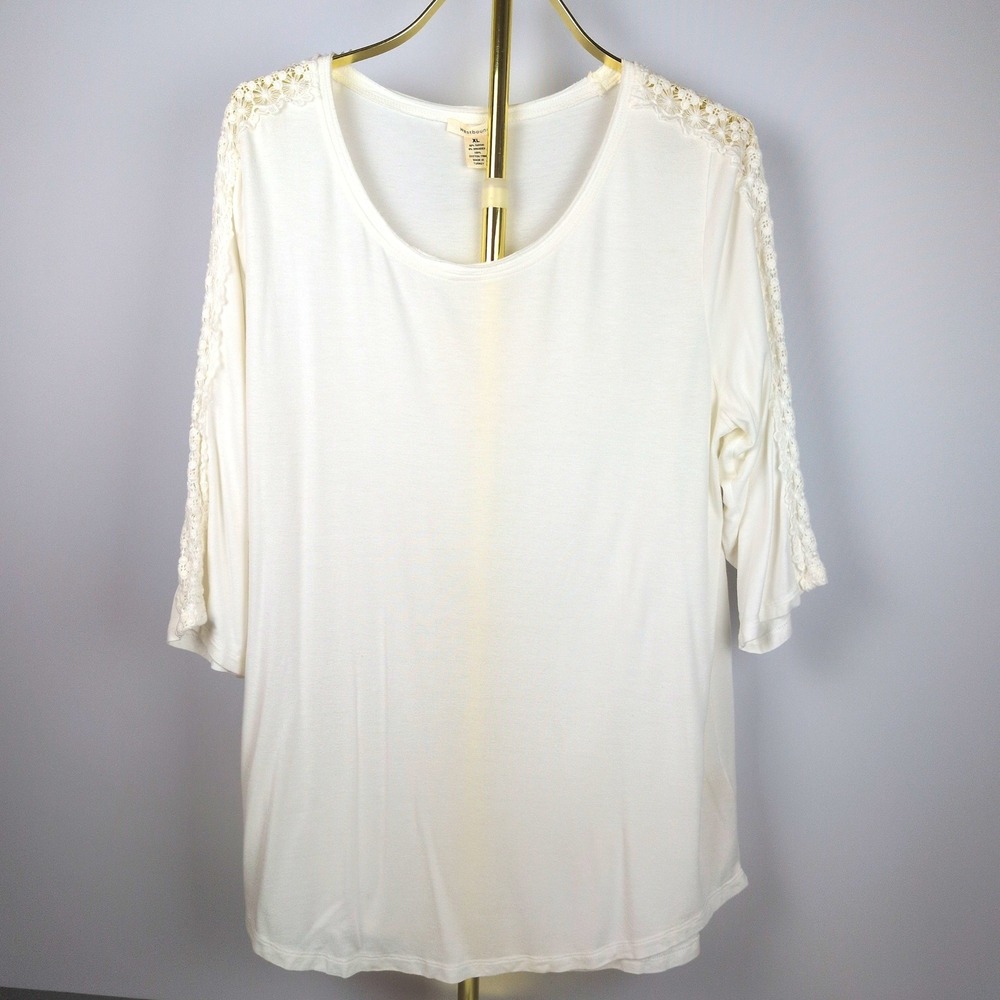 Westbound Women XL Top Cream Lace Crochet 3/4 Sleeve Scoop Neck Boho Rayon Blend
